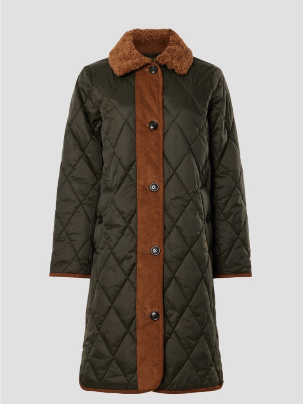 Barbour Olive Green Quilted Coat with Brown Trim